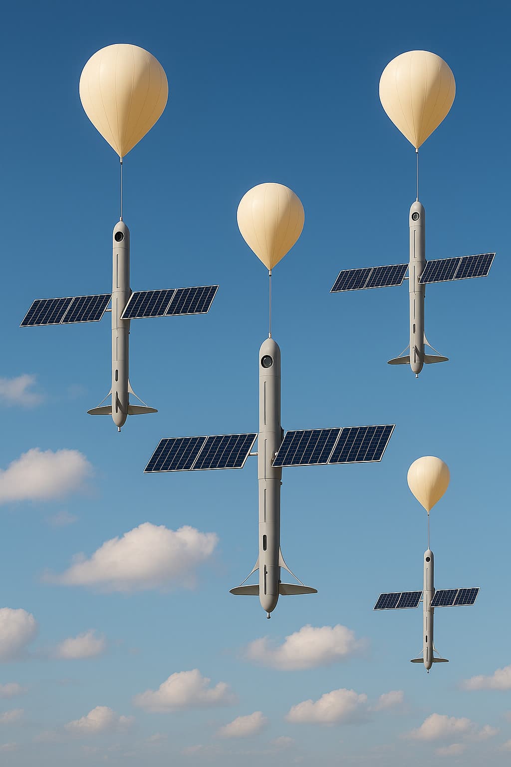 Several Kelvar Stratos UAV Balloon Satellites in the air